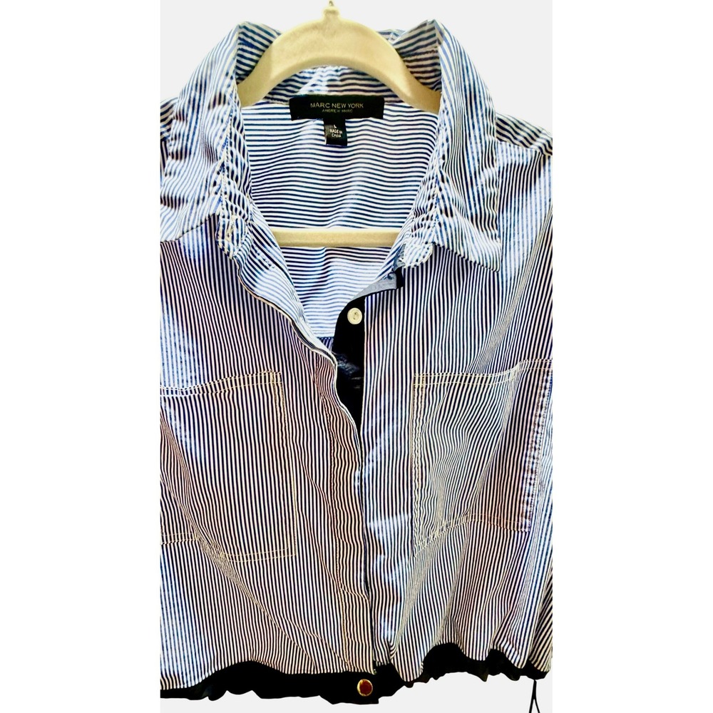 Marc New York Andrew Marc Womens Large Blue White Striped Button Up Shirt Top